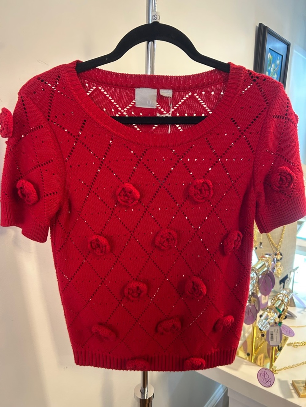 Red Knit Short Sleeve Sweater with 3D Flower Appliqués by Zero Degree Celsius XS